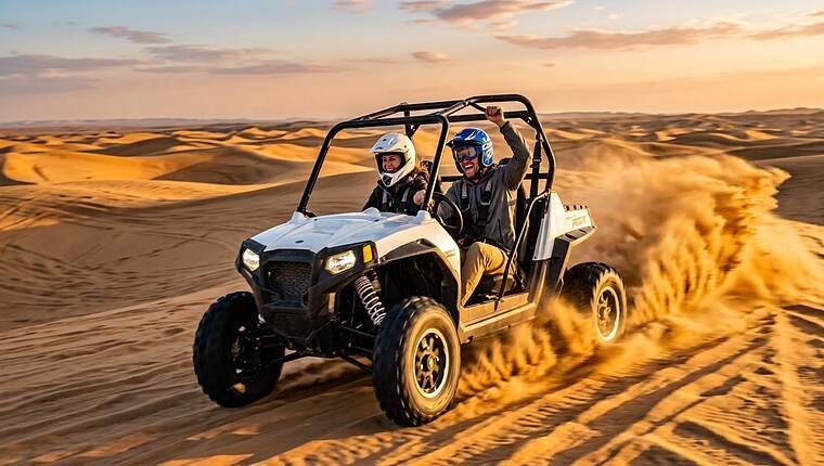 Laughing couple riding together in a 2-seater dune buggy across the sand