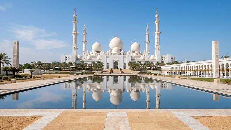 Sheikh Zayed Grand Mosque in Abu Dhabi reflected in its long mirror pool