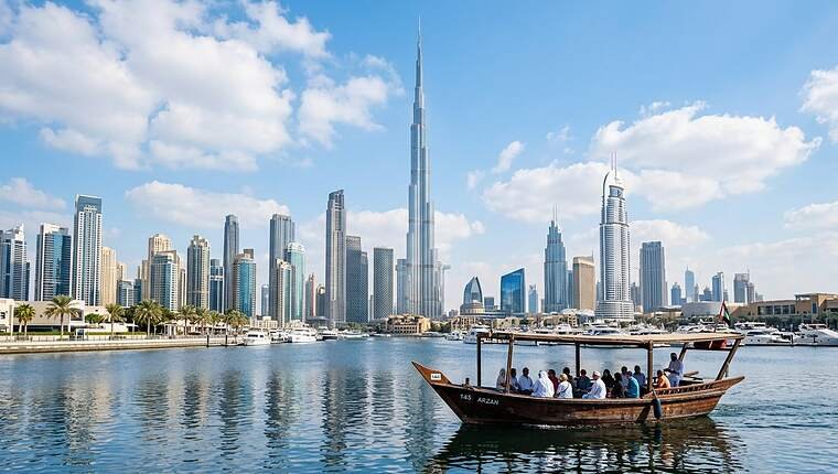 Dubai skyline with the Burj Khalifa above a traditional abra boat on the water