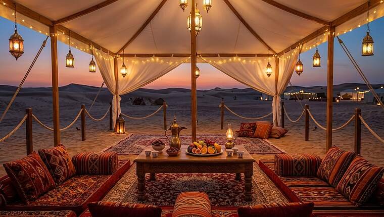 Private VIP majlis seating with Arabic coffee, dates and fruit laid out at your table