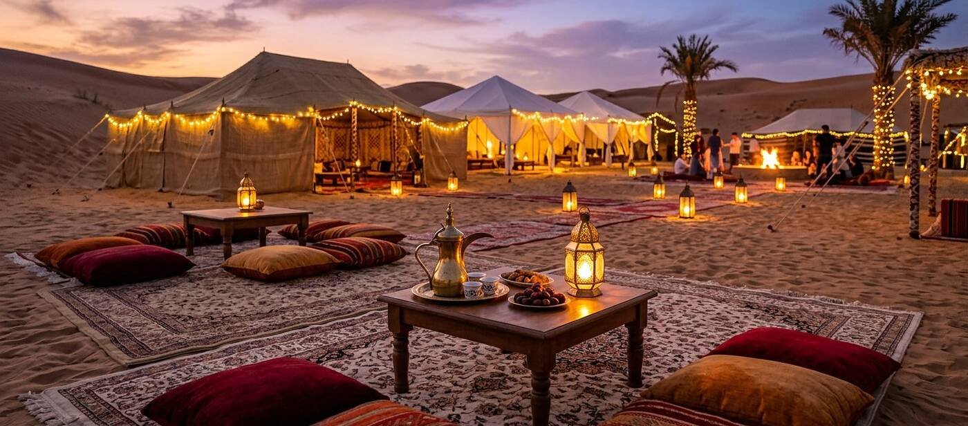 Arabian desert camp at dusk with lanterns, rugs, tents and a fire glow