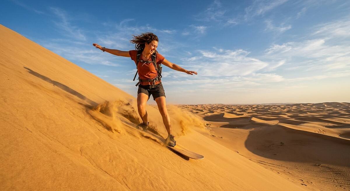 Guest sandboarding down a steep golden dune